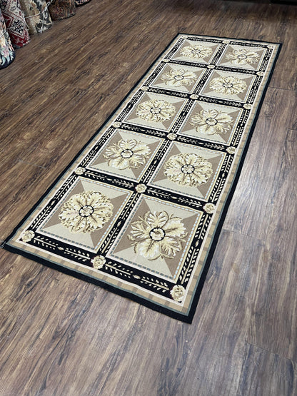 Needlepoint Runner Rug 3x8 Panel Design Rug, Flatweave Runner Rug, English Design, Floral, Short Runner Rug, Black and Beige Wool Hand-Woven-1