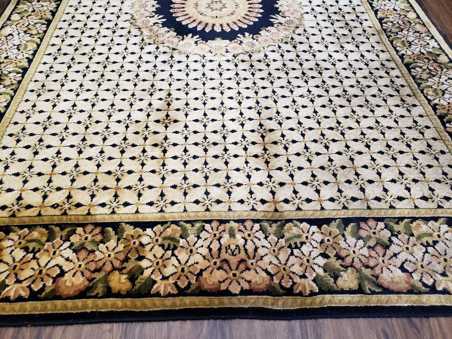 Indian Rug with Tibetan Weave, 6x8 - 6x9 Rugs, Indo-Tibetan Rug, Black and Cream Beige Tan, Floral Border, Soft Rug, Handmade Area Rug, Wool