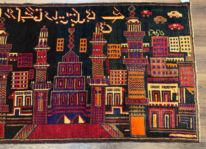 Balouch Rug 3x5, City Pictorial, Afghan Rug