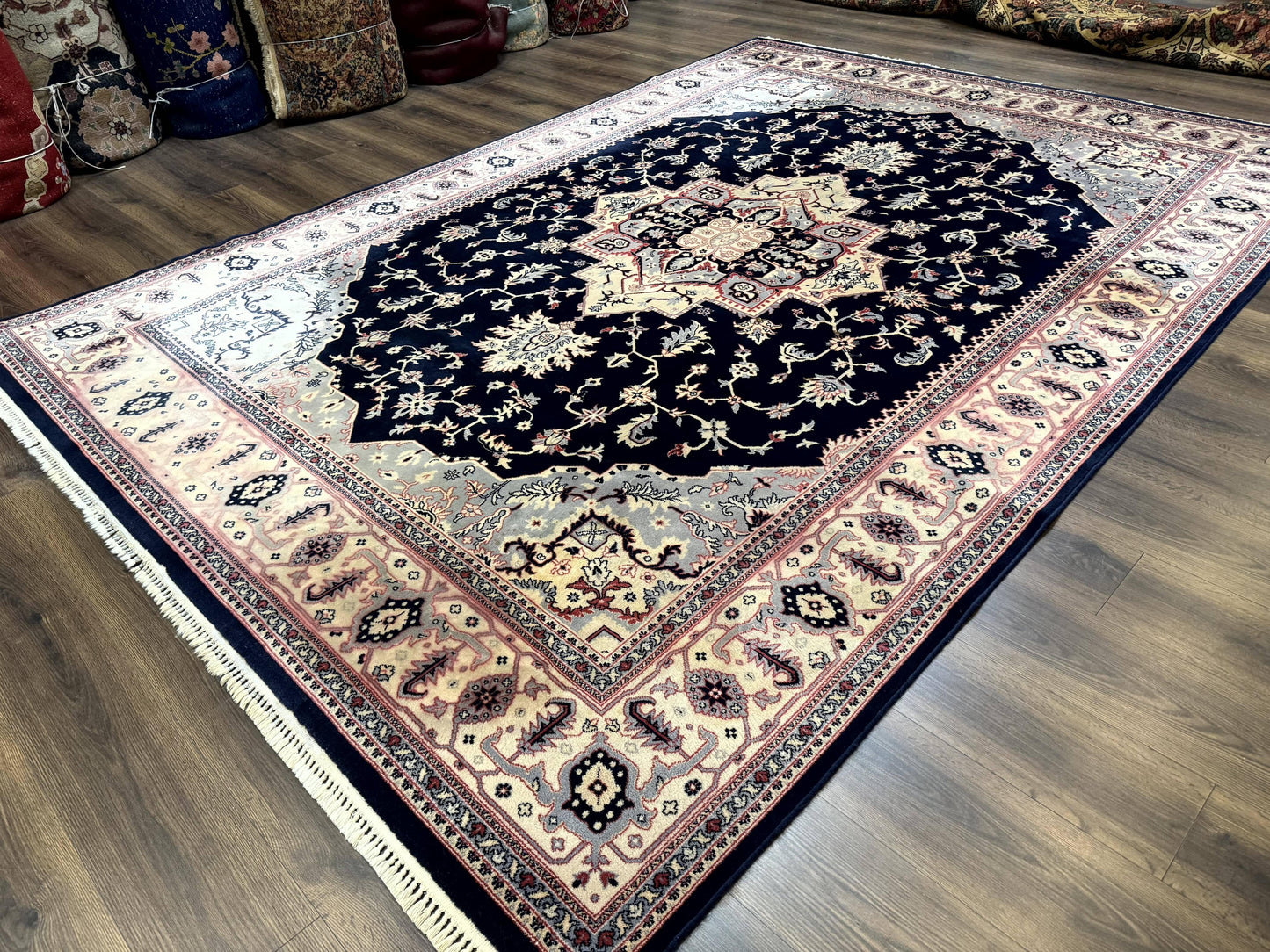 Karastan Rug 8x11 Navy Serapi, Kara Shah Rug, Navy Blue, Vintage Karastan Area Rug Wool Pile Karastan Rug