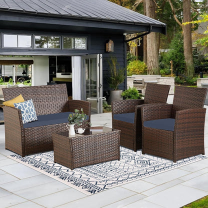 4 Piece Patio Furniture Set,Outdoor Wicker Conversation Sets,Rattan Sectional Sofa W/Coffee Table,Seat Cushions for Backyard Porch Garden Poolside (Gray/Blue)-1