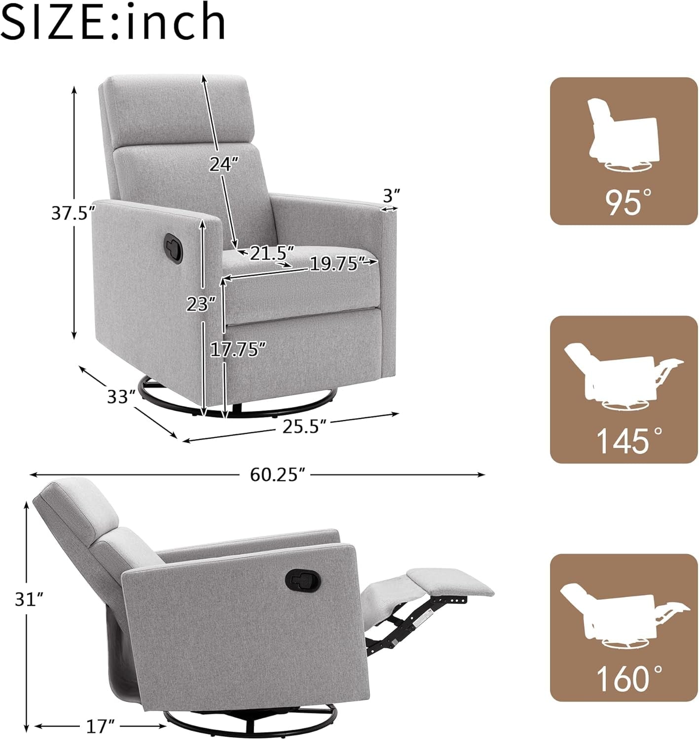 Modern Upholstered Manual Swivel Recliner Chair W/Headsupport Adjustable Nursery Glider Rocker for Living Room, Bedroom Gray