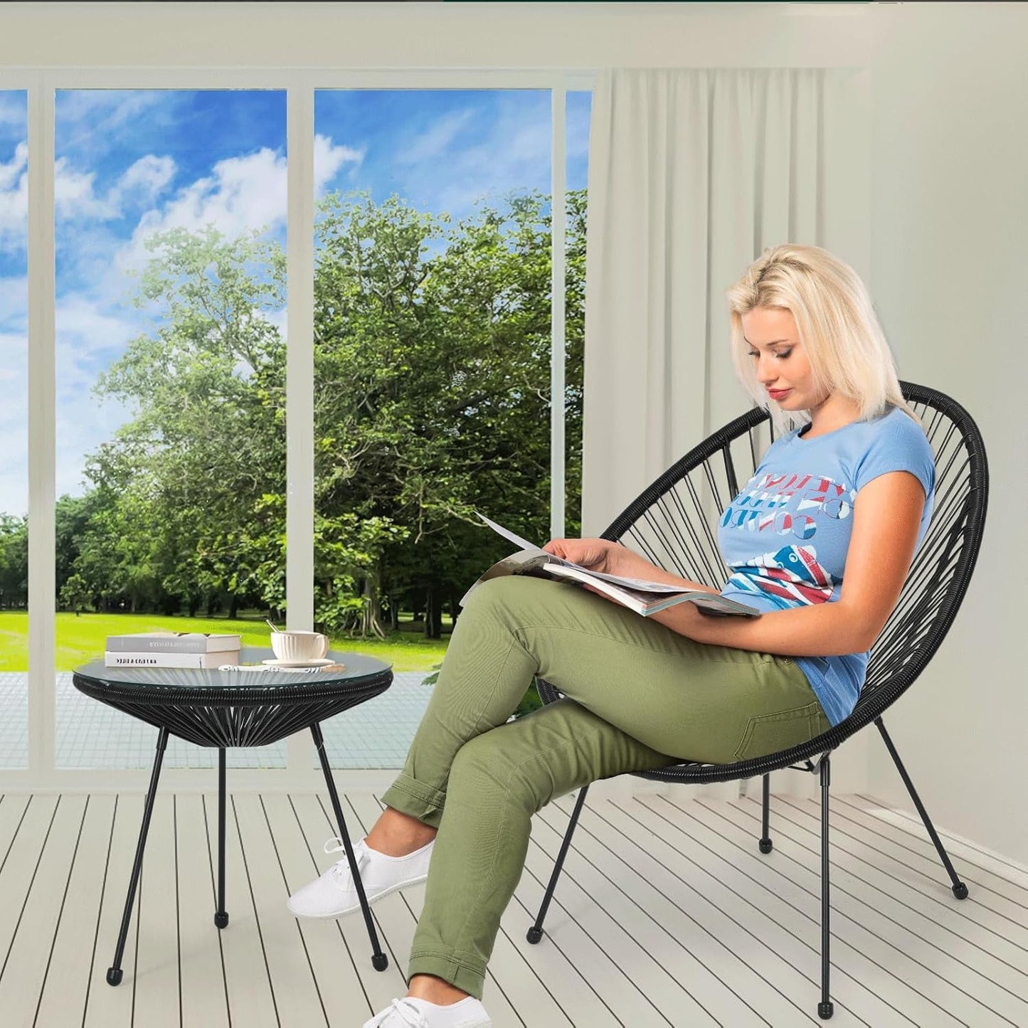 Outdoor Acapulco Chair Set 3-Piece with Glass Top Table, Lightweight All-Weather Woven PE Rope Patio Furniture, Modern Bistro Conversation Set for Patio, Garden, Poolside, Black-4