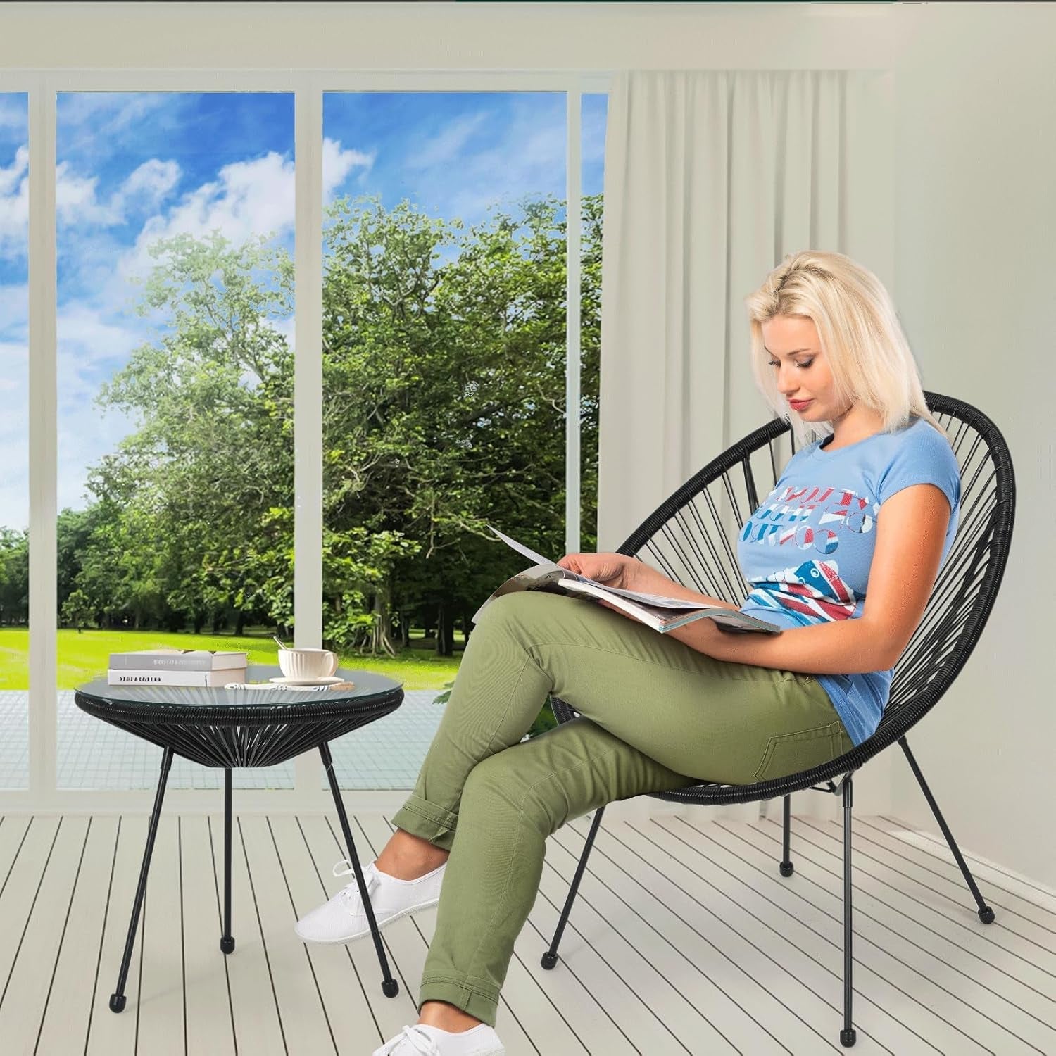 Outdoor Acapulco Chair Set 3-Piece with Glass Top Table, Lightweight All-Weather Woven PE Rope Patio Furniture, Modern Bistro Conversation Set for Patio, Garden, Poolside, Black-4