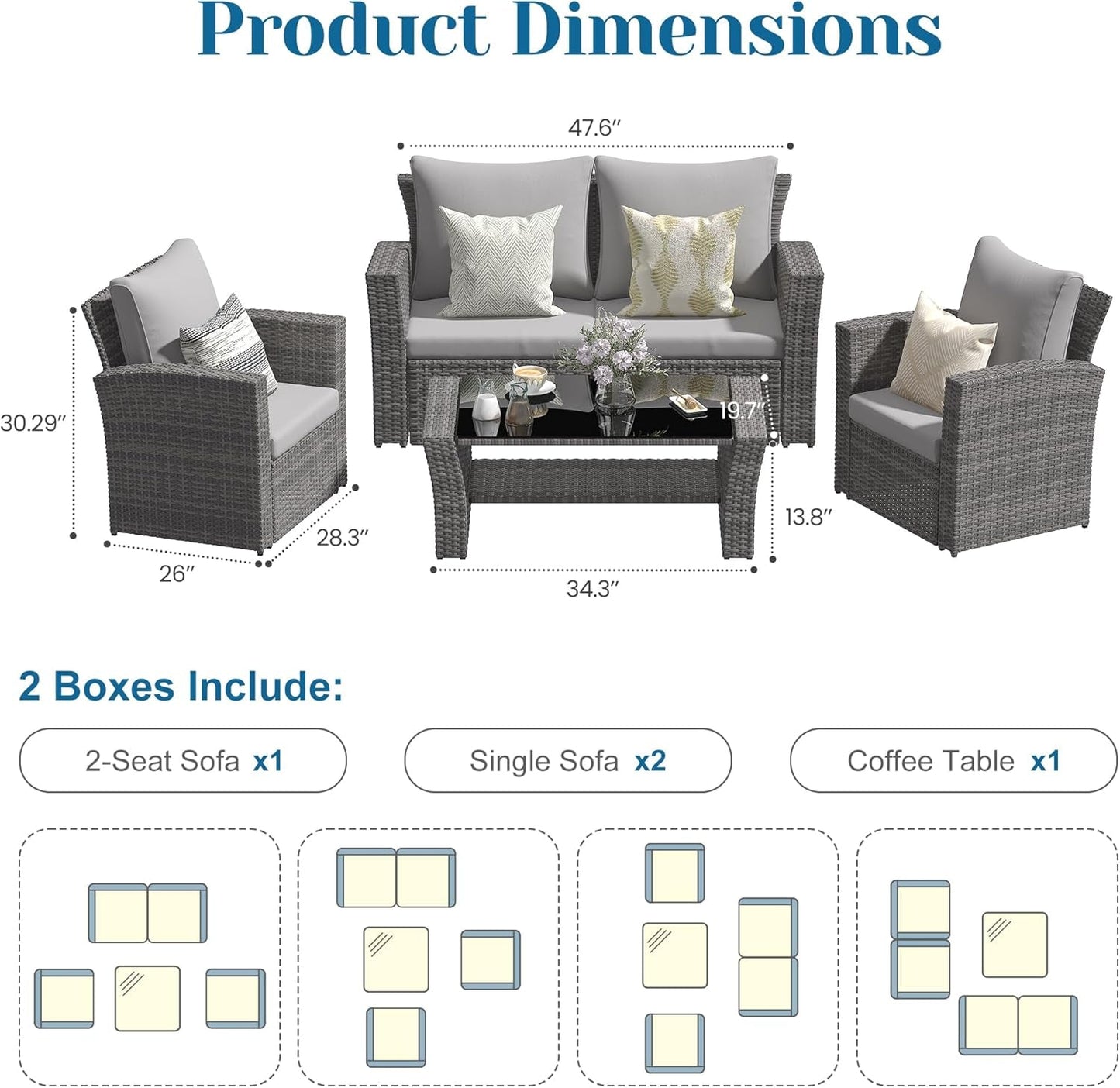4 Piece Patio Furniture Sets, All-Weather Wicker Conversation Sets, Outdoor Rattan Sectional Sofa Chair with Cushions and Coffee Table for Balcony, Garden, Backyard,Grey/Light Grey-2