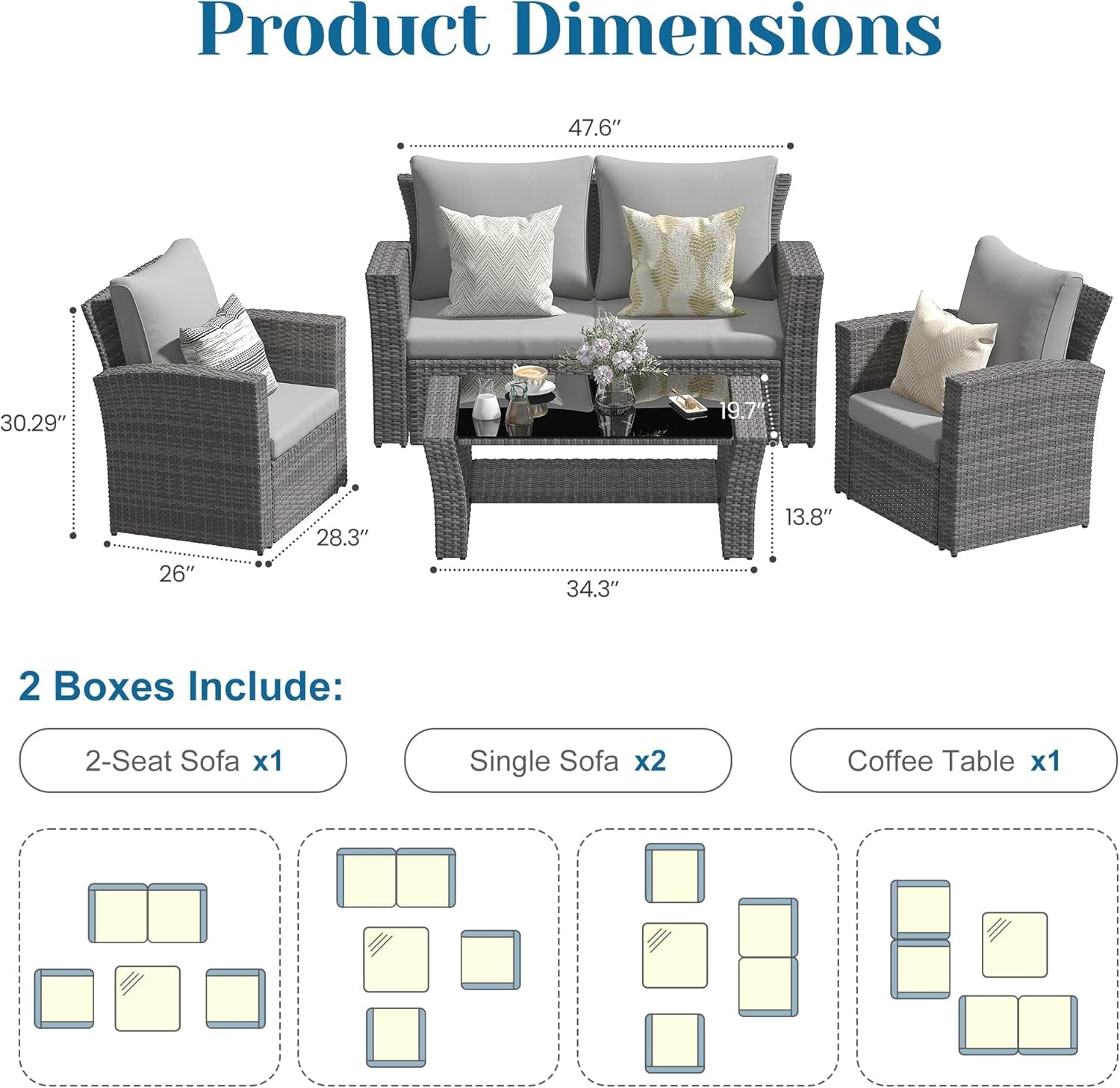 4 Piece Patio Furniture Sets, All-Weather Wicker Conversation Sets, Outdoor Rattan Sectional Sofa Chair with Cushions and Coffee Table for Balcony, Garden, Backyard,Grey/Light Grey-2