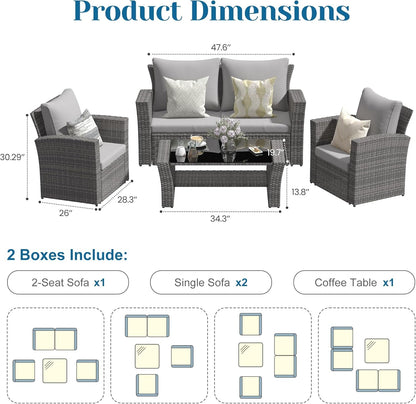 4 Piece Patio Furniture Sets, All-Weather Wicker Conversation Sets, Outdoor Rattan Sectional Sofa Chair with Cushions and Coffee Table for Balcony, Garden, Backyard,Grey/Light Grey-2