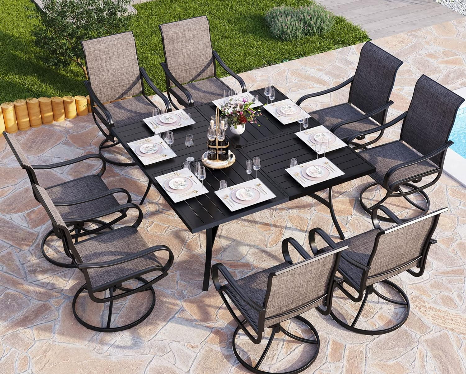 9 Pcs Patio Dining Set with Large Square Metal Dining Table & 8 Outdoor Textilene Fabric Swivel Dining Chairs, outside Table Chair Furniture Dining Set for 8 Person-0