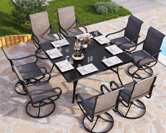 9 Pcs Patio Dining Set with Large Square Metal Dining Table & 8 Outdoor Textilene Fabric Swivel Dining Chairs, outside Table Chair Furniture Dining Set for 8 Person-0