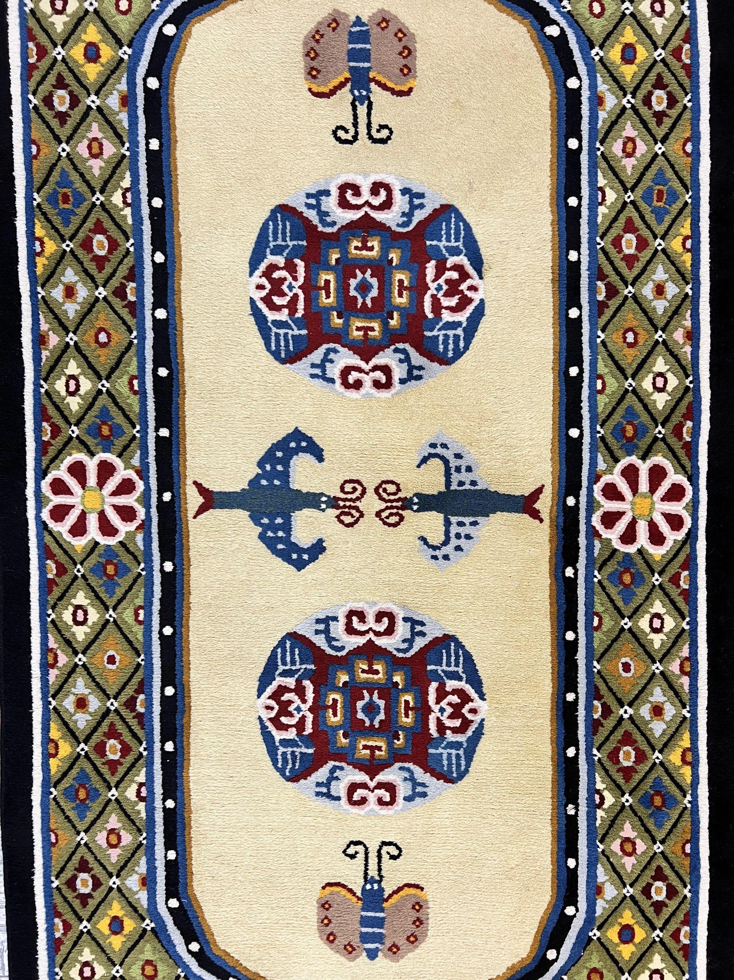 Chinese Rug 3x6 ft, Chinese Wool Rug, Tiensin Rug, Handmade Wool 3 x 6 Vintage Peking Rug, Art Deco Rug, Butterflies