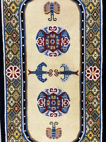 Chinese Rug 3x6 ft, Chinese Wool Rug, Tiensin Rug, Handmade Wool 3 x 6 Vintage Peking Rug, Art Deco Rug, Butterflies