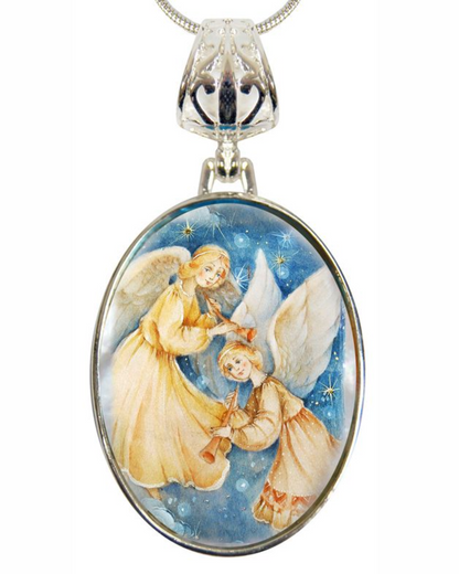 Angels Watching Over Silver Plated Mother of Pearl Jewelry Necklace - 43046