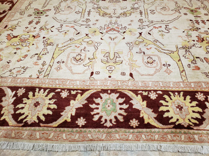 Beige and Maroon Peshawar Rug 10x15, Large Oushak Carpet, Pakistani Rug, Handmade Area Rug, Hand Knotted Rug, Living Room Rug, Nice Wool Rug