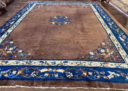 Antique Chinese Wool Rug 9x11, Large Chinese Art Deco Rug, Peking Rug, Brown and Blue, Open Field, Fete Rug