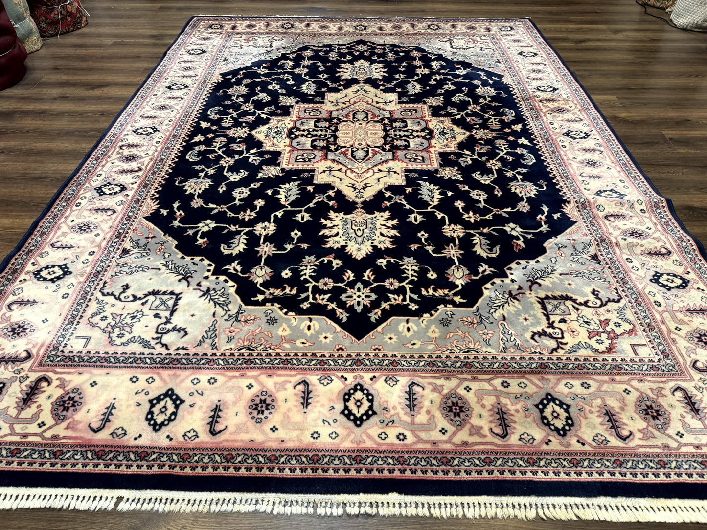 Karastan Rug 8x11 Navy Serapi, Kara Shah Rug, Navy Blue, Vintage Karastan Area Rug Wool Pile Karastan Rug