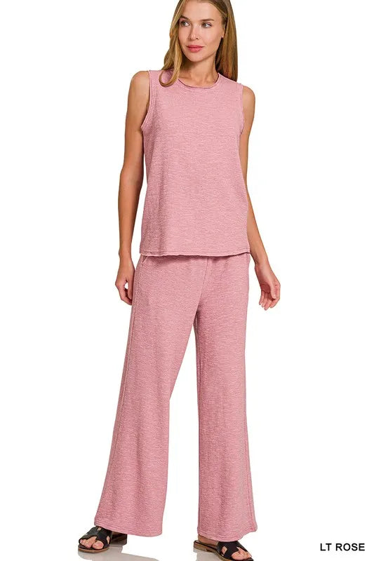 Zenana Cotton Slub Tank and Pants Set-0