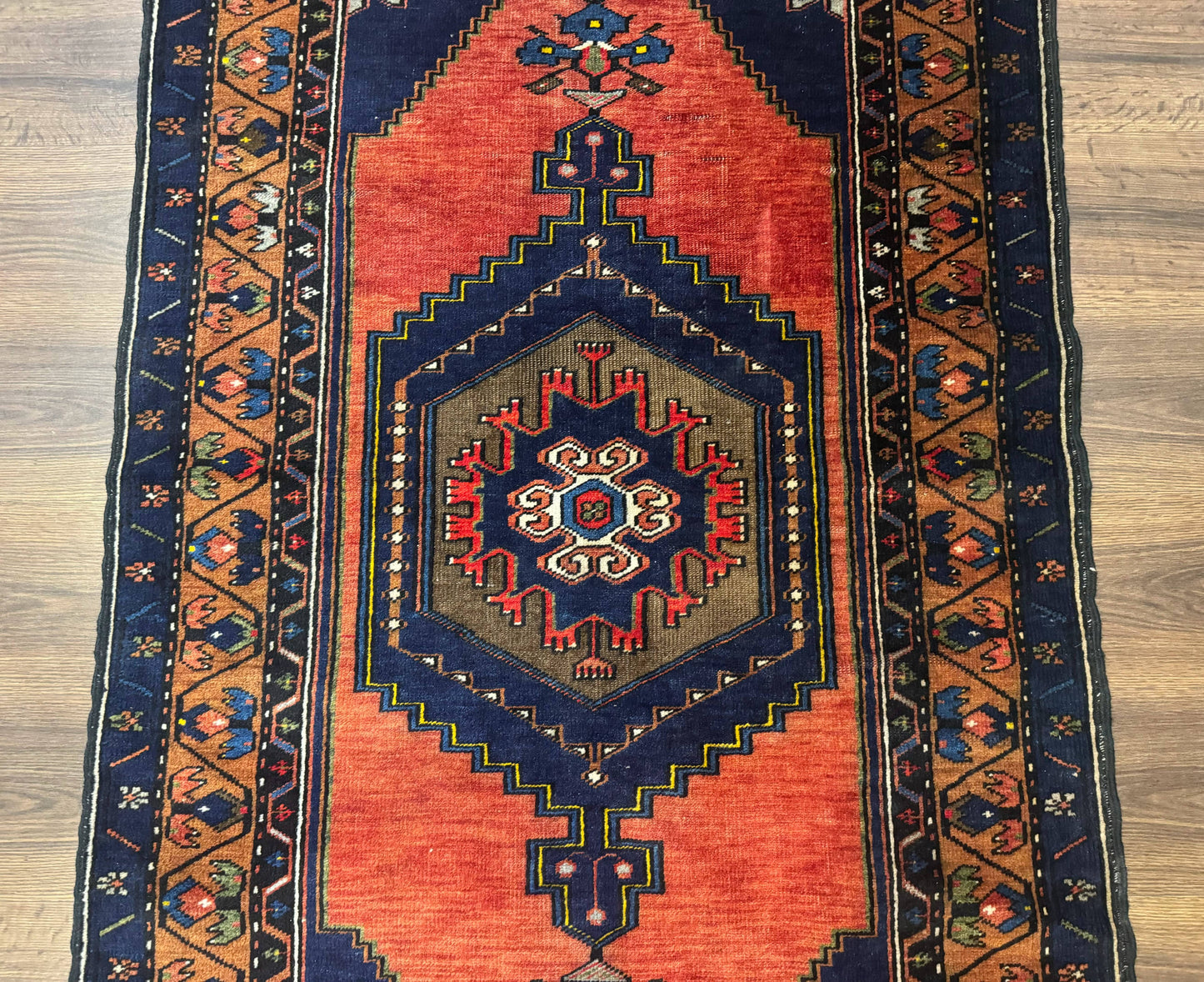 Persian Rug 3x6, Geometric Medallion, Village Tribal Rug, Terracotta and Navy Blue, Antique Nahavand Hamadan Rug-3