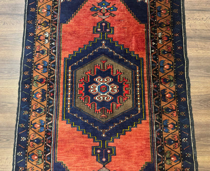 Persian Rug 3x6, Geometric Medallion, Village Tribal Rug, Terracotta and Navy Blue, Antique Nahavand Hamadan Rug-3