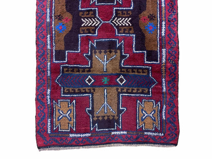 2' 10" X 4' 9" Vintage Handmade Tribal Wool Rug Balouchi Rug Afghan Rug Red Blue-4