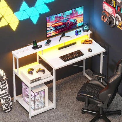 Computer Desk, 48 Inch Gaming Desk with Led Lights & Power Outlet, Office Desk with Printer Storage Shelves, Reversible Desk with Monitor Shelf & Headphone Hook, White