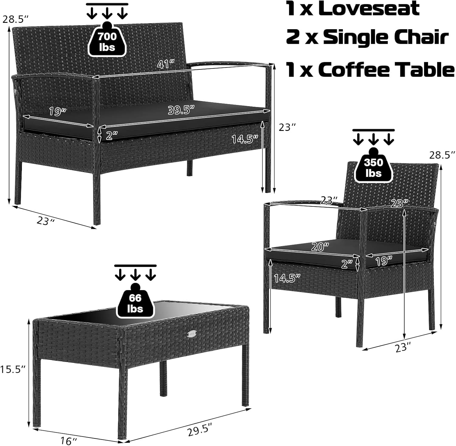 4 Piece Patio Rattan Conversation Set, Outdoor Wicker Furniture Set W/Glass Coffee Table, Solid Steel Structure, Ergonomic Seat, Suitable for Garden, Courtyard, Balcony, Poolside-3