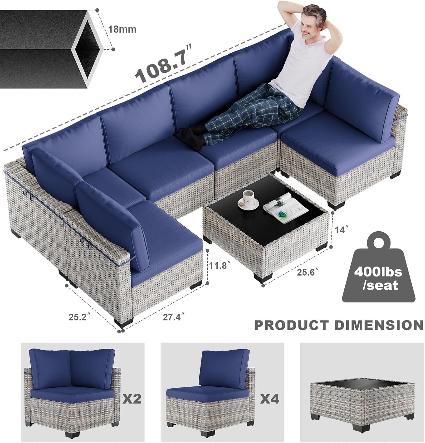 7-Piece Patio Furniture Set, Outdoor Patio Furniture with Thick Cushions, Modular Patio Sofa, Dual-Strand Wicker Rattan, Rust-Resistant Frame, Backyard Furniture for Garden, Deck, Navy Blue