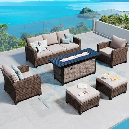 Patio Furniture Set Outdoor Furniture Brown Wicker Rattan Patio Conversation Sets with Cushion outside Sofa Set,6 Pieces with Rectangular Firepit Table,7 Seats,Beige-0