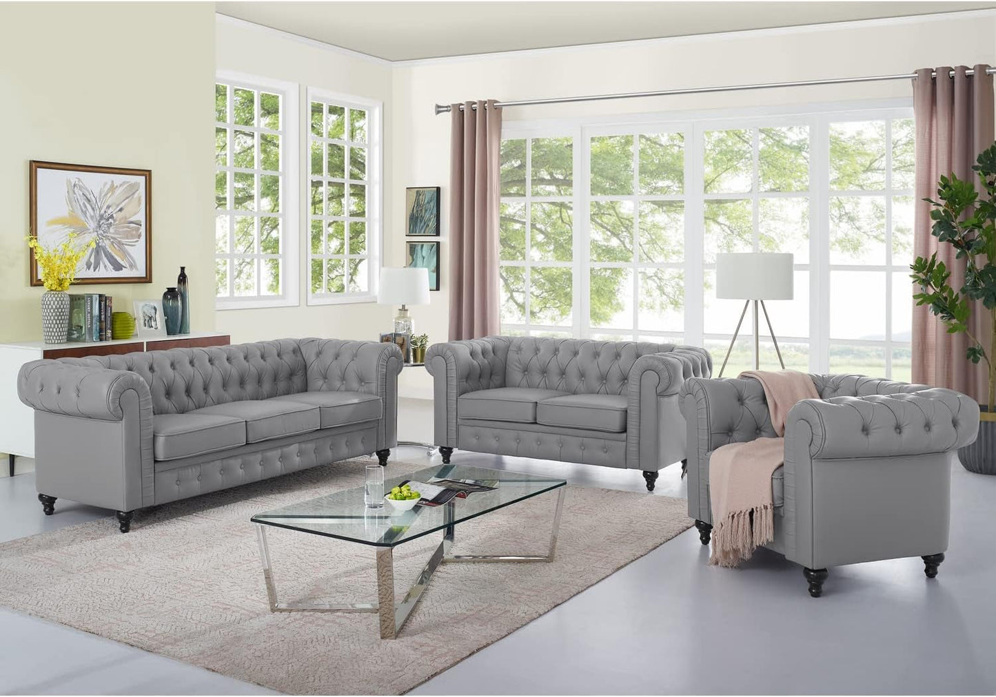 Chesterfield Sofa Set 3 Piece Muebles Para La Sala Juegos Living Room Set Modern Furniture Leather Sofa Set Couches for Living Room Furniture Sets Couch Sets for Living Room 3 Piece - Gray-0