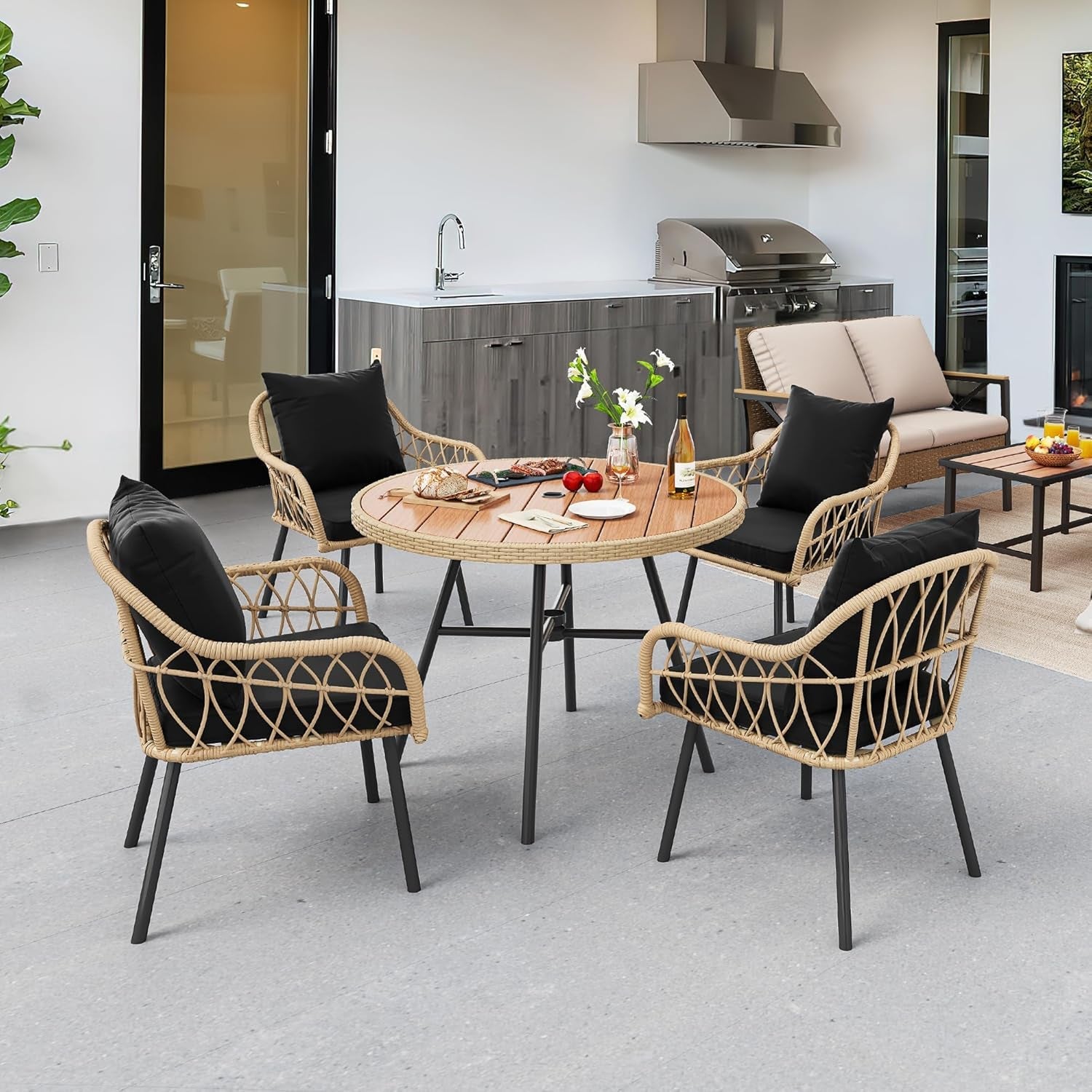 Patio Chairs Set of 4, Outdoor Patio Furniture Dining Chairs, All-Weather Rattan Conversation Chairs with Soft Cushions for Backyard Deck (Light Brown+Black)-1