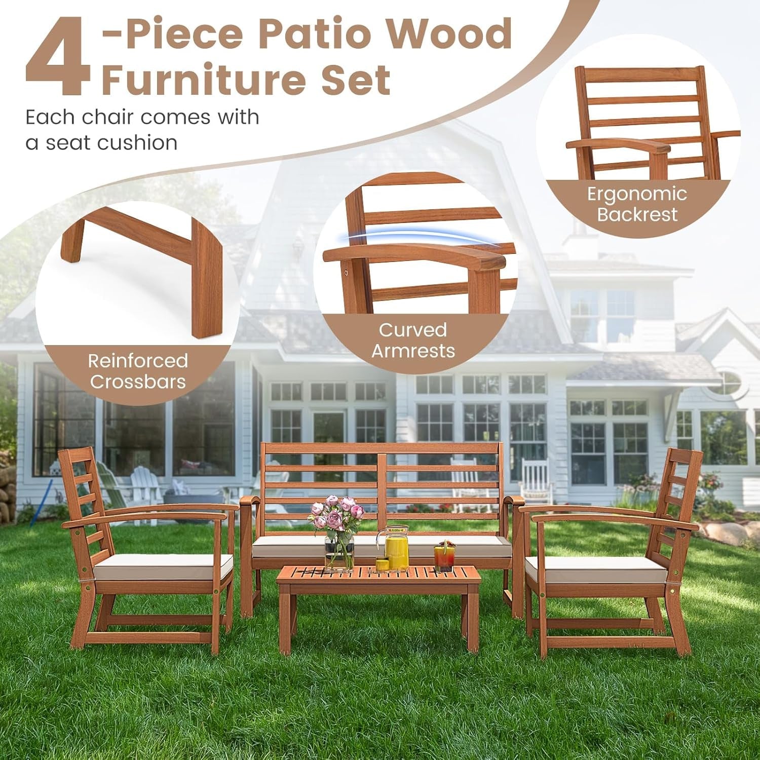 4 Pieces Outdoor Furniture Set, Acacia Wood Conversation Set W/Soft Seat Cushions, Stable Acacia Wood Frame, Patio Sofa & Coffee Table Set for Backyard, Porch, Poolside (White)-4