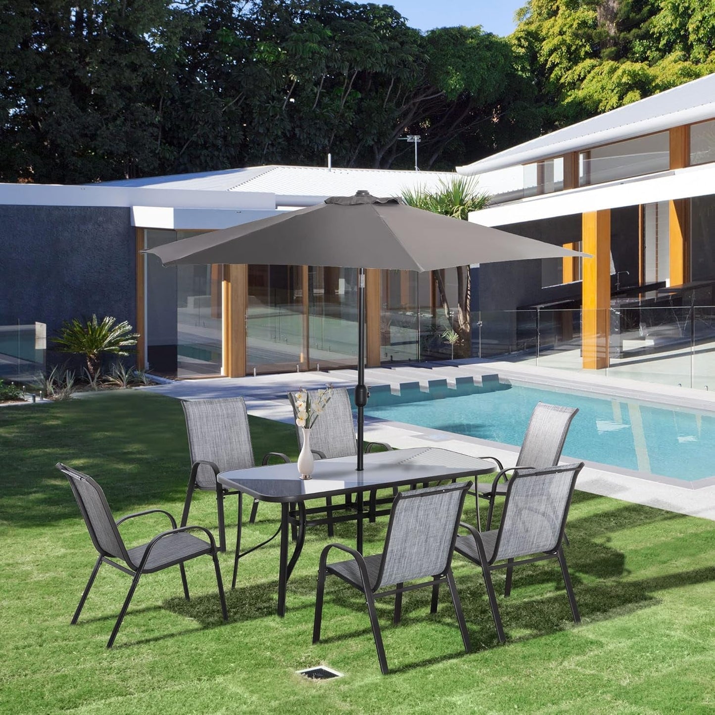 Eight Piece Patio Furniture Set with Umbrella and Chairs-1