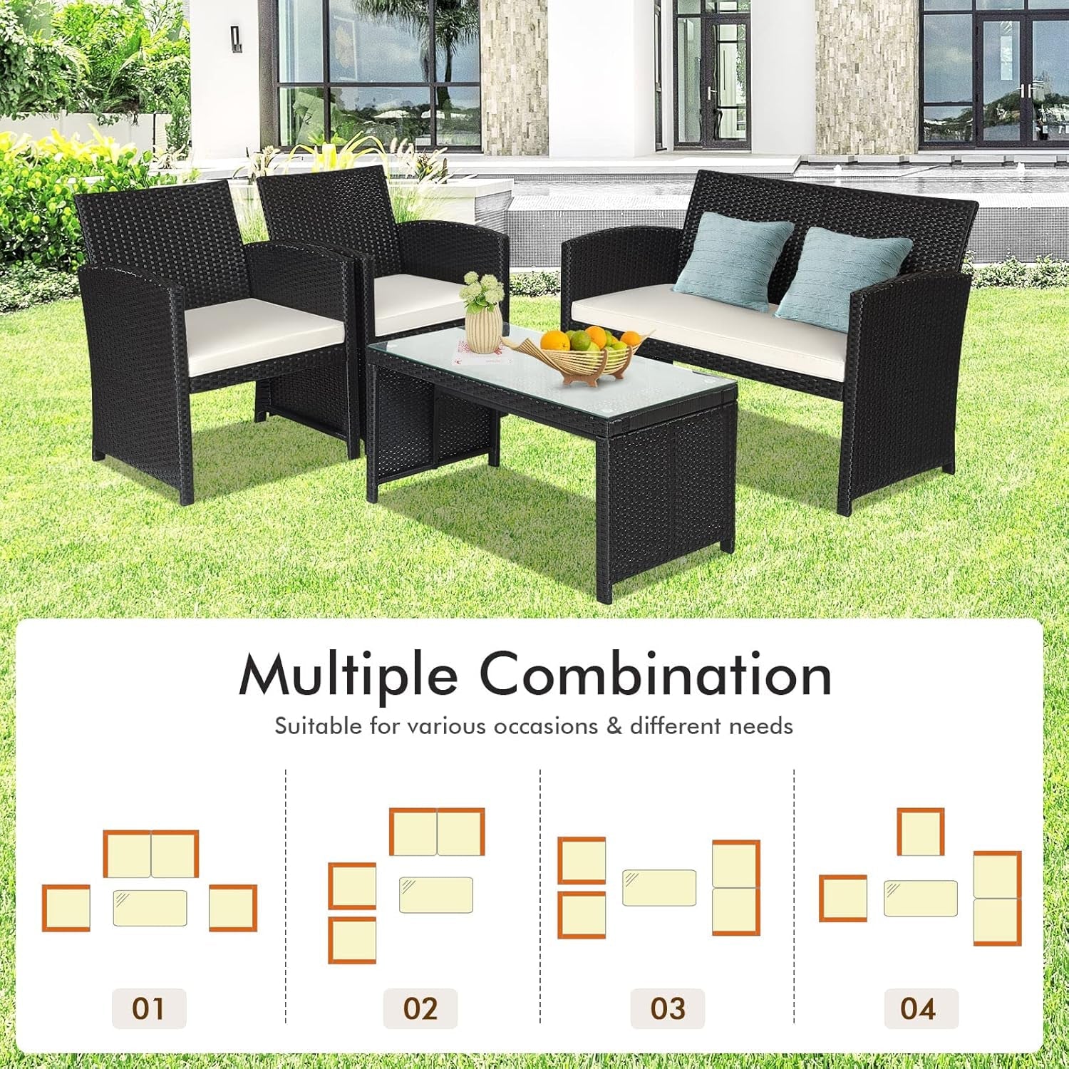 4-Piece Rattan Patio Furniture Set, Outdoor Wicker Conversation Sofa with Weather Resistant Cushions and Tempered Glass Tabletop for Lawn Backyard Pool Garden (White(Black Wicker))-2