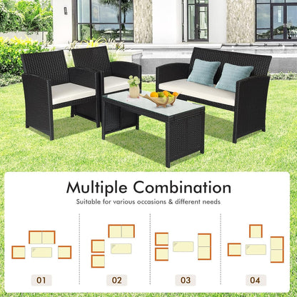 4-Piece Rattan Patio Furniture Set, Outdoor Wicker Conversation Sofa with Weather Resistant Cushions and Tempered Glass Tabletop for Lawn Backyard Pool Garden (White(Black Wicker))-2