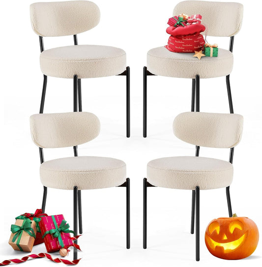 Dining Chairs Set of 4, Boucle Upholstered Kitchen Chairs with Curved Backrest & Metal Legs, Mid Century Modern round Dining Room Chairs for Vanity, Living Room - Beige-0