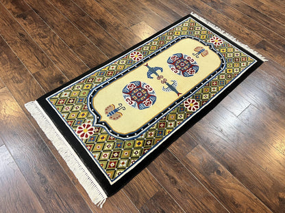 Chinese Rug 3x6 ft, Chinese Wool Rug, Tiensin Rug, Handmade Wool 3 x 6 Vintage Peking Rug, Art Deco Rug, Butterflies
