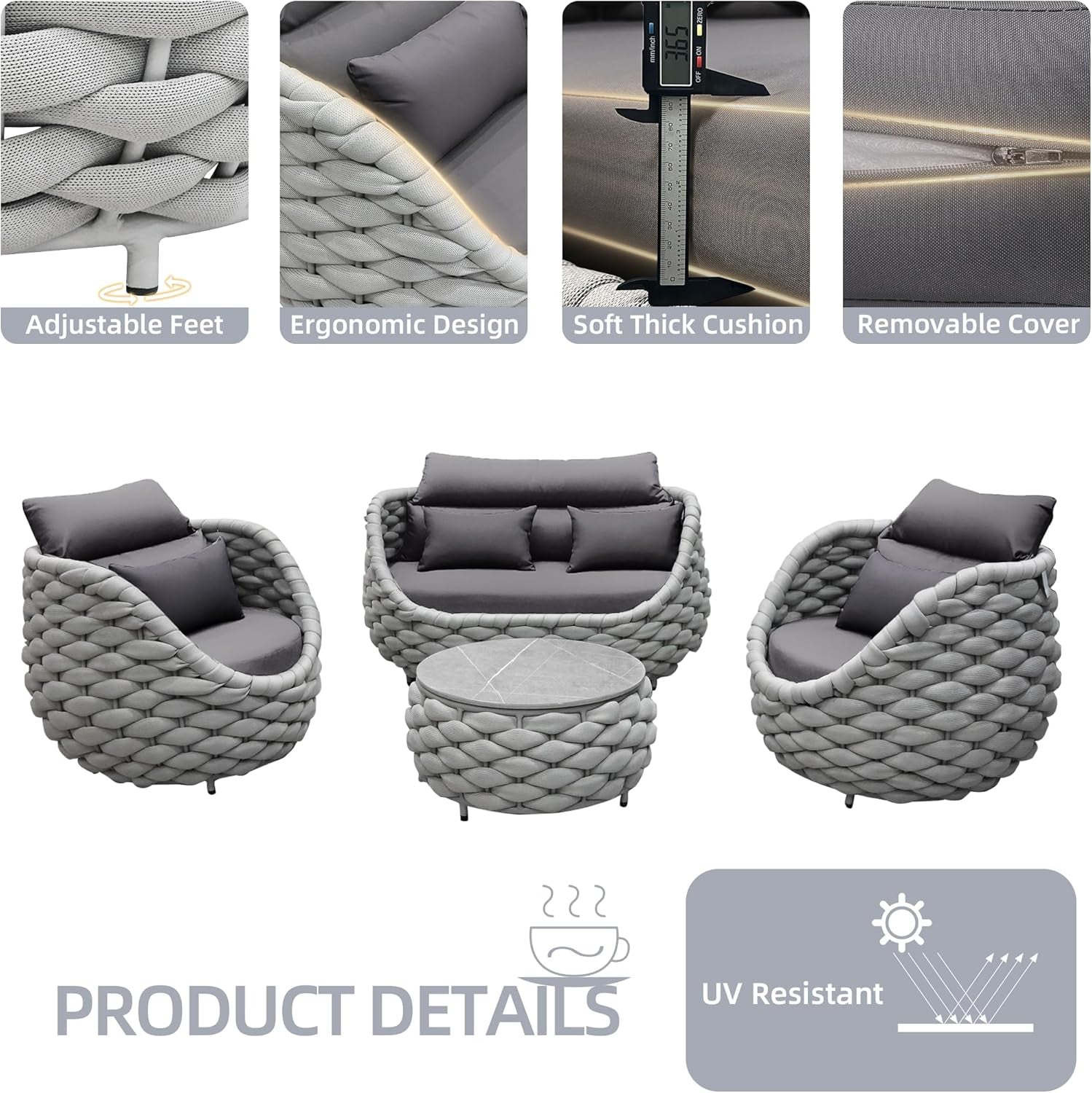 Aluminum Outdoor Patio Furniture Set with Coffee Table, 6 Piece Patio Conversation Sets with Washable Cushions Covers, Patio Sectional Furniture Set for Porch, Balcony, Deck, Yard-3