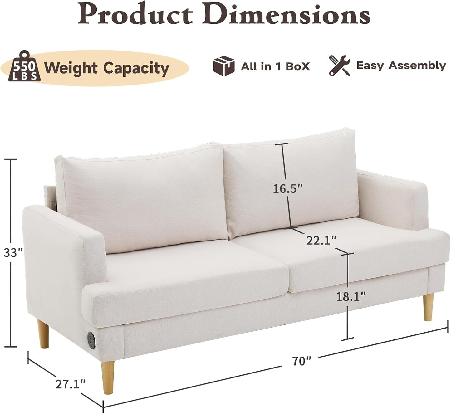Beige Loveseat Sofa with USB Ports for Comfort