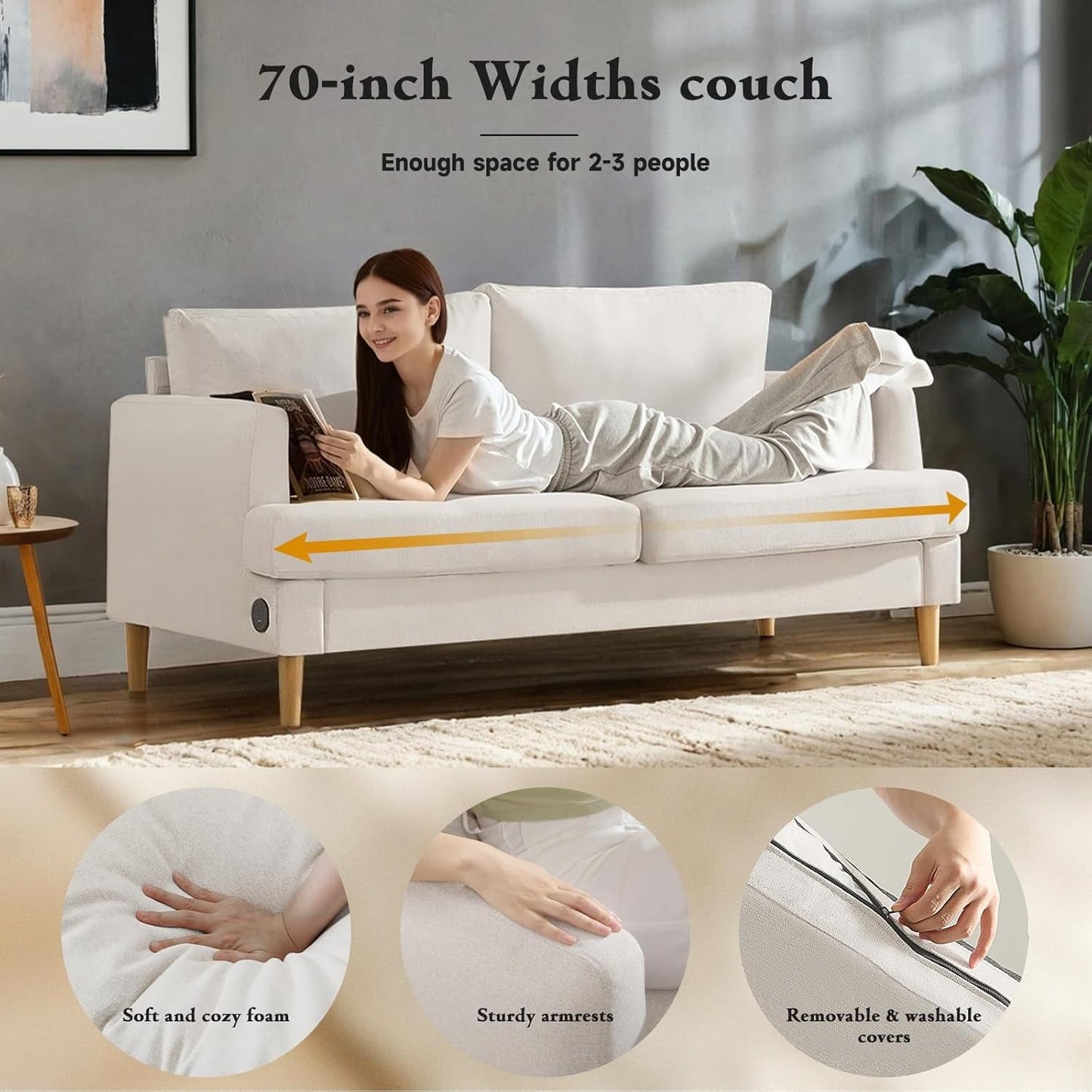 Beige Loveseat Sofa with USB Ports for Comfort