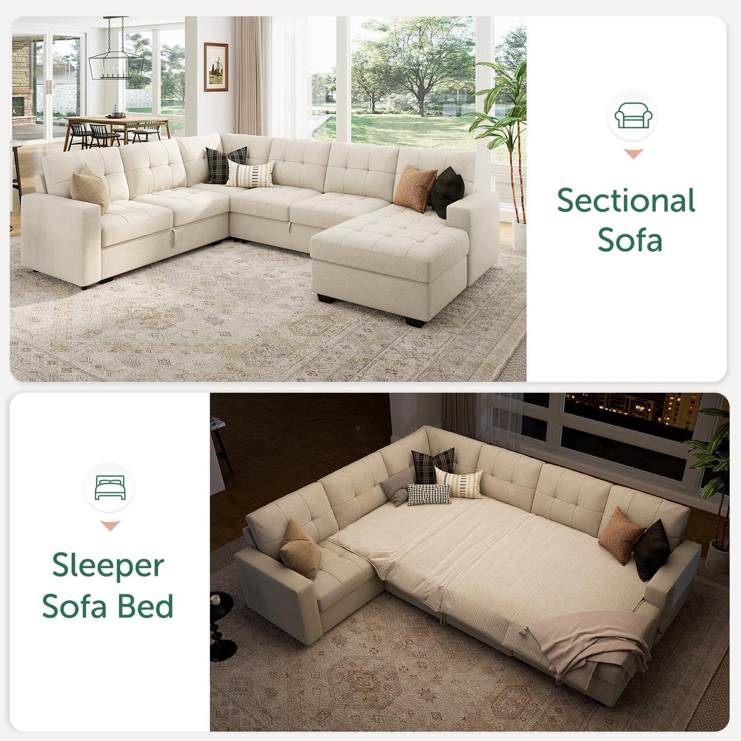 Beige U Shaped Sleeper Sofa Bed with Storage