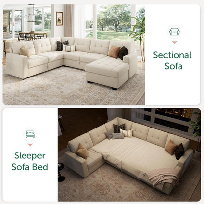 Beige U Shaped Sleeper Sofa Bed with Storage