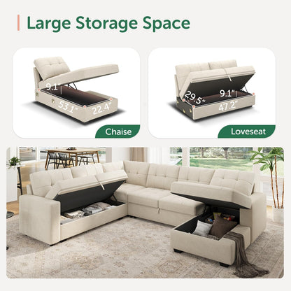Beige U Shaped Sleeper Sofa Bed with Storage