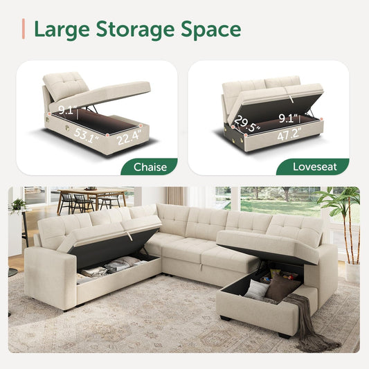 Beige U Shaped Sleeper Sofa Bed with Storage