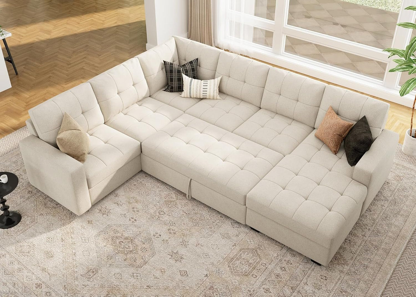 Beige U Shaped Sleeper Sofa Bed with Storage
