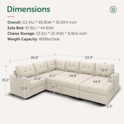 Beige U Shaped Sleeper Sofa Bed with Storage