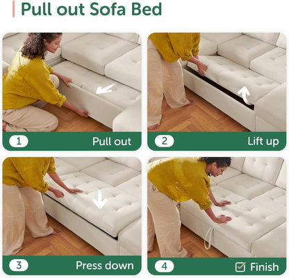 Beige U Shaped Sleeper Sofa Bed with Storage