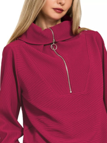 Zenana Ribbed High Neck Half Zip Pullover & Pants Set-2