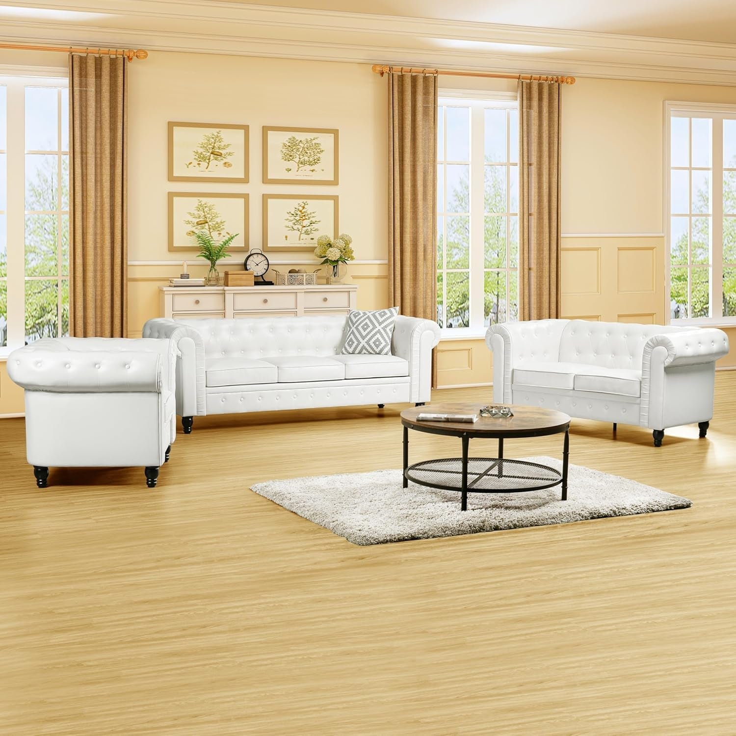 Emery Chesterfield 3 Piece Living Room Sectional Sofa Set Rolled Arms, Tufted Cushion Sofas for Living Room Set Includes Sofa, Loveseat Couch, Accent Arm Chair / Easy Tool-Free Assembly – off White-2