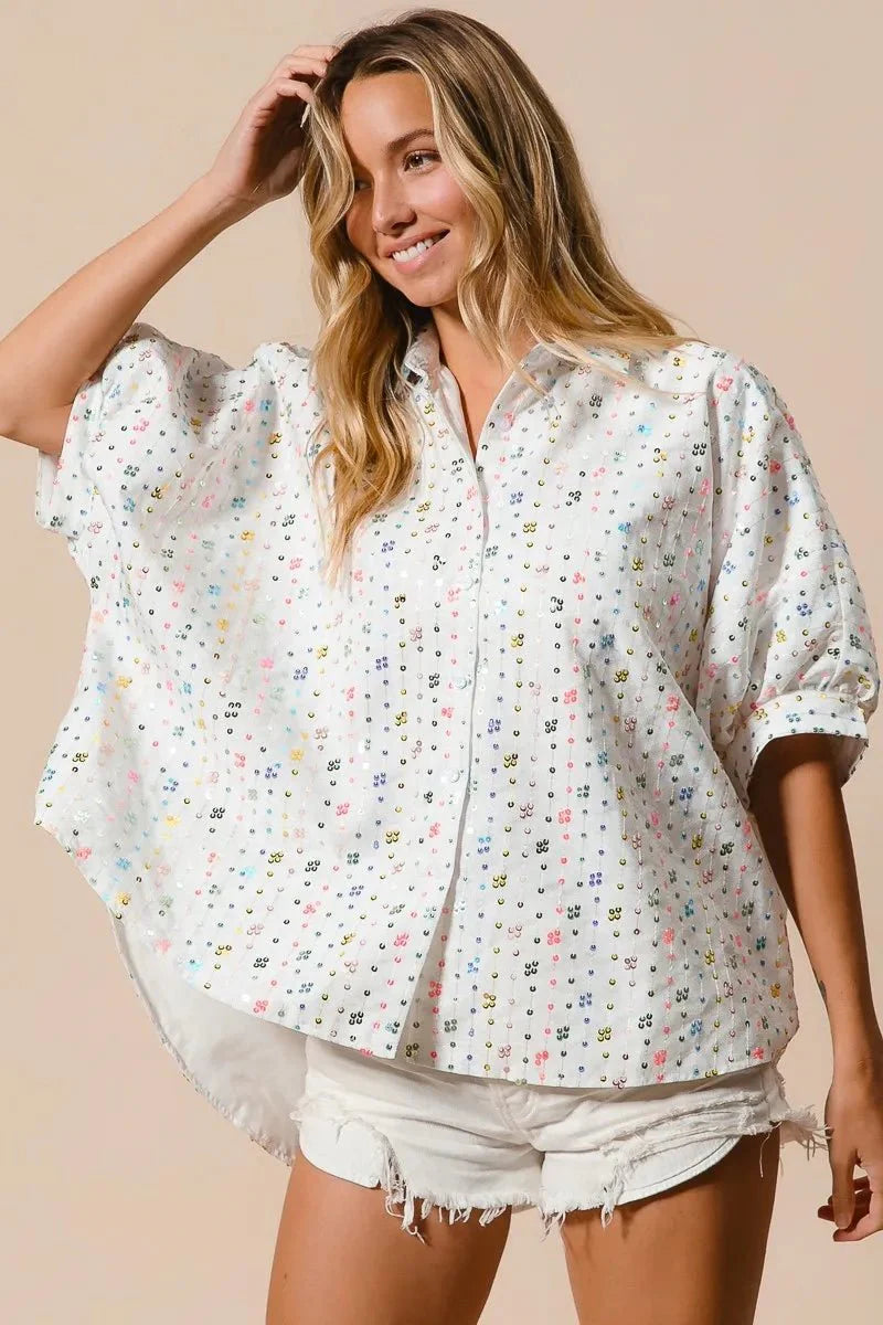 BiBi Sequin Striped Short Dolman Sleeve Blouse