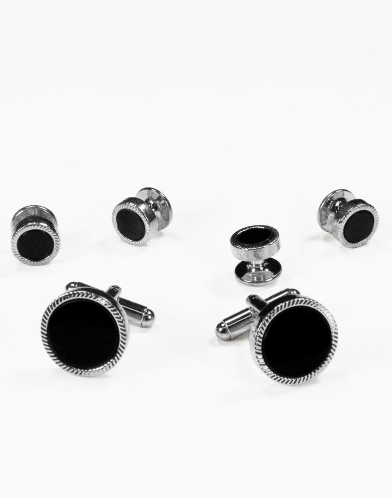 Black Circular Onyx with Gold or Silver Feather Cut Edge Studs and Cufflinks Set-1