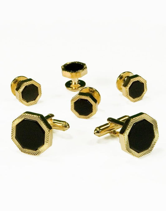 Black Octagon Onyx with Gold Feathered Edge Studs and Cufflinks Set-0